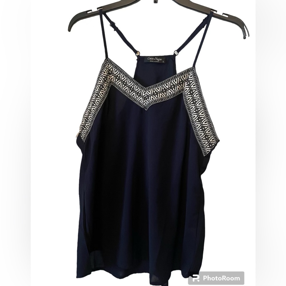 Coeur DeVague Women’s Blouse| Size Small | Navy| Embroidered | Lightweight